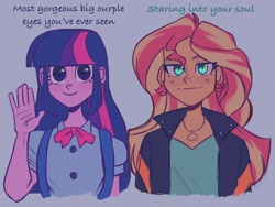 Size: 2048x1536 | Tagged: safe, artist:dreamz, derpibooru import, sunset shimmer, twilight sparkle, equestria girls, g4, backpack, blue background, blue eyes, bowtie, clothes, dress, duo, duo female, ear piercing, earring, female, jacket, jewelry, leather, leather jacket, meme, necklace, piercing, shirt, simple background, sundress, waving