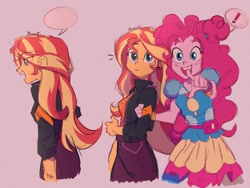 Size: 2048x1536 | Tagged: safe, artist:dreamz, derpibooru import, pinkie pie, sunset shimmer, human, better together, equestria girls, g4, alternate hairstyle, bracelet, breasts, clothes, denim, dress, duo, duo female, ear piercing, earring, exclamation point, female, jacket, jeans, jewelry, leather, leather jacket, music festival outfit, open mouth, pants, piercing, pointing, shirt, speech bubble