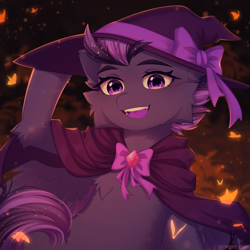 Size: 1945x1945 | Tagged: safe, artist:floweryoutoday, derpibooru import, oc, oc only, oc:shadow galaxy, butterfly, pegasus, pony, cape, cheek fluff, clothes, commission, ethereal mane, fangs, female, hat, mare, open mouth, pegasus oc, smiling, solo, starry mane, starry tail, tail, witch costume, witch hat, ych result