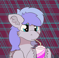 Size: 1396x1350 | Tagged: safe, artist:dsksh, derpibooru import, oc, oc only, oc:discoordination, pegasus, pony, abstract background, alcohol, blue eyes, bust, chest fluff, cocktail, cup, drink, drinking, drinking straw, ear fluff, ears, folded wings, hoof hold, male, pegasus oc, pony oc, portrait, solo, stallion, two toned mane, unshorn fetlocks, wings