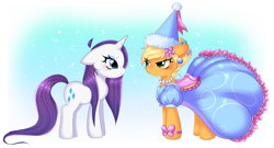 Size: 2469x1334 | Tagged: safe, artist:arwencuack, derpibooru import, applejack, rarity, earth pony, pony, unicorn, g4, look before you sleep, angry, applejack is not amused, clothes, dress, duo, duo female, fanart, female, froufrou glittery lacy outfit, gown, horn, scene interpretation, smiling, smiling at someone, unamused, wet hair, wet hairity