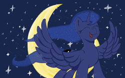 Size: 2560x1600 | Tagged: safe, artist:robertscarlett, derpibooru import, princess luna, alicorn, pony, crescent moon, eyes closed, mlp fim's fourteenth anniversary, moon, smiling, spread wings, wings