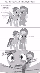 Size: 4167x7537 | Tagged: safe, artist:anonymousandrei, derpibooru exclusive, derpibooru import, applejack, rainbow dash, earth pony, pegasus, g4, 3 panel comic, appledash, applejack's hat, blushing, bottom, clothes, comic, cowboy hat, denial, duo, duo female, female, grayscale, hat, lesbian, mare, monochrome, shipping, simple background, talking to viewer, top, white background