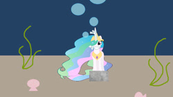 Size: 828x467 | Tagged: safe, artist:alexarmstrong2287, derpibooru import, princess celestia, alicorn, pony, 1000 hours in ms paint, bondage, bound and gagged, bubble, cement shoes, clam, cloth gag, crown, ethereal mane, ethereal tail, female, flowing mane, flowing tail, folded wings, gag, jewelry, mare, ocean, regalia, seashell, seaweed, solo, tail, underwater, water, wings