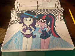 Size: 4032x3024 | Tagged: safe, artist:alandssparkle, artist:polorenzielephant, derpibooru import, rarity, sci-twi, twilight sparkle, equestria girls, g4, beach shorts swimsuit, clothes, duo, duo female, female, indoors, one-piece swimsuit, swimming pool, swimsuit, two-piece swimsuit