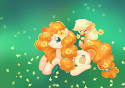 Size: 3508x2480 | Tagged: safe, artist:ginger, derpibooru import, applejack, pear butter, earth pony, pony, g4, curly hair, curly mane, duo, duo female, female, flower, mare, smiling, younger applejack