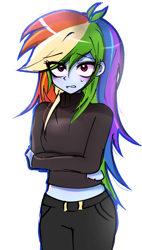 Size: 1250x2200 | Tagged: safe, artist:pulse, derpibooru import, rainbow dash, human, equestria girls, g4, arm under breasts, blushing, clothes, crossed arms, embarrassed, eye clipping through hair, female, looking at you, midriff, pants, simple background, solo, sweat, sweatdrop, sweater, turtleneck, white background