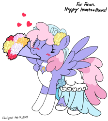 Size: 906x1014 | Tagged: safe, artist:an appul, derpibooru import, rainbowshine, pegasus, pony, g4, blushing, bouquet, clothes, dress, female, flower, flower in hair, heart, mare, mouth hold, solo, wedding dress