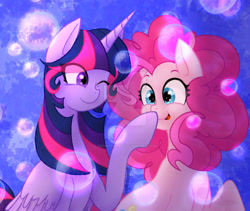 Size: 900x761 | Tagged: safe, artist:pepinosolar, derpibooru import, pinkie pie, twilight sparkle, twilight sparkle (alicorn), alicorn, g4, bubble, duo, duo female, female, lesbian, obtrusive watermark, shipping, twinkie, watermark