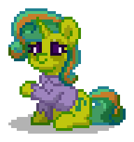 Size: 192x204 | Tagged: safe, derpibooru import, oc, oc only, oc:greennote, pony, unicorn, g4, clothes, digital art, female, green coat, green hair, green mane, green tail, horn, mare, pixel art, pony town, purple eyes, raised hoof, raised leg, shirt, simple background, sitting, solo, tail, transparent background, unicorn oc