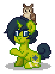 Size: 184x248 | Tagged: safe, derpibooru import, oc, oc only, oc:aurora glare, bird, owl, pony, unicorn, g4, blue eyes, blue hair, blue mane, blue tail, cross-eyed, digital art, female, green coat, horn, leg scar, mare, pixel art, pony town, raised hoof, raised leg, scar, simple background, sitting, solo, tail, transparent background, unicorn oc