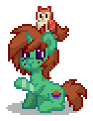 Size: 188x244 | Tagged: safe, derpibooru import, oc, oc only, oc:gloaming ray, bird, owl, pony, unicorn, g4, brown hair, brown mane, brown tail, digital art, freckles, green coat, horn, leg scar, male, pixel art, pony town, ponytail, purple eyes, raised hoof, raised leg, scar, simple background, sitting, solo, stallion, tail, transparent background, unicorn oc