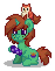 Size: 188x244 | Tagged: safe, derpibooru import, oc, oc only, oc:gloaming ray, bird, owl, pony, unicorn, g4, brown hair, brown mane, brown tail, digital art, freckles, green coat, horn, male, pixel art, pony town, ponytail, purple eyes, raised hoof, raised leg, simple background, sitting, sock, solo, stallion, tail, transparent background, unicorn oc