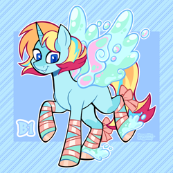 Size: 3000x3000 | Tagged: safe, artist:3ggmilky, derpibooru import, part of a set, oc, oc only, pony, unicorn, g4, adoptable, artificial wings, augmented, ballet slippers, bipedal, blank flank, blue coat, blue eyes, blue text, bushy tail, coat markings, colored hooves, colored horn, crossover fusion, ethereal fetlocks, female, female oc, fusion:lapis lazuli, fusion:sunset shimmer, gradient legs, gradient mane, gradient tail, high res, hooves, horn, leg markings, looking down, magic, magic wings, mare, mare oc, multicolored mane, multicolored tail, orange hooves, outline, passepartout, raised hoof, raised leg, shiny hooves, short mane, signature, smiling, socks (coat marking), solo, standing, steven universe, striped background, striped mane, striped tail, tail, three quarter view, unicorn horn, unicorn oc, water wings, wings