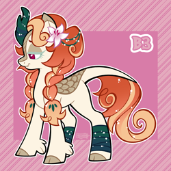 Size: 3000x3000 | Tagged: safe, artist:3ggmilky, derpibooru import, part of a set, oc, oc only, kirin, g4, adoptable, bandage, bandaged leg, braid, braided pigtails, brown hooves, cloven hooves, colored eyebrows, colored eyelashes, colored hooves, colored pupils, cookie run, cookie run kingdom, cream coat, crossover fusion, eye markings, female, female oc, flower, flower in hair, fusion:autumn blaze, fusion:white lily cookie, gradient mane, gradient tail, green eyelashes, high res, hooves, leg fluff, leonine tail, lidded eyes, lily (flower), long mane, long tail, not autumn blaze, orange mane, orange tail, outline, passepartout, pigtails, pink text, profile, red eyes, red pupils, signature, smiling, solo, sparkles, sparkly mane, sparkly tail, standing, striped background, tail, thick horn, tied mane, vine