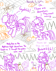 Size: 4779x6013 | Tagged: safe, artist:adorkabletwilightandfriends, derpibooru import, spike, twilight sparkle, twilight sparkle (alicorn), alicorn, spider, comic:adorkable twilight and friends, adorkable, adorkable twilight, arachnophobia, bag, cloud, cloudy, comic, cute, decoration, dork, groceries, halloween, high angle, holiday, mat, nightmare night, overcast, perspective, pumpkin, scared, silly, slice of life, spider web, spooky, twiabetes