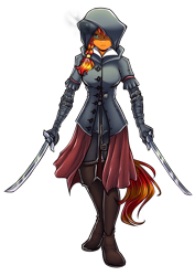 Size: 3508x4961 | Tagged: safe, artist:chaosangeldesu, derpibooru import, oc, oc only, oc:flaming hoof, anthro, pegasus, assassin, dual wield, dual wielding, scimitar, solo, sword, weapon