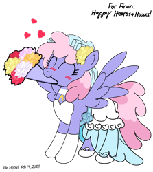 Size: 906x1014 | Tagged: safe, artist:an appul, derpibooru import, rainbowshine, pegasus, pony, g4, blushing, bouquet, clothes, dress, female, flower, flower in hair, heart, mare, mouth hold, simple background, solo, transparent background, wedding dress