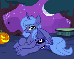 Size: 2500x2000 | Tagged: safe, artist:zeka10000, derpibooru import, princess luna, alicorn, pony, spider, g4, both cutie marks, butt, dock, female, halloween, high res, holiday, jack-o-lantern, looking at you, lying down, mare, mlp fim's fourteenth anniversary, moon, night, night sky, nightmare night, on side, ponyville, pumpkin, s1 luna, scenery, sky, spider web, spread wings, stars, tail, tree, underhoof, vector, wings