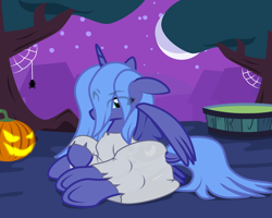 Size: 2500x2000 | Tagged: safe, alternate version, artist:zeka10000, derpibooru import, princess luna, alicorn, pony, spider, g4, both cutie marks, butt, clothes, cosplay, costume, dock, eye clipping through hair, female, halloween, halloween costume, high res, holiday, jack-o-lantern, looking at you, lying down, mare, mlp fim's fourteenth anniversary, moon, night, night sky, nightmare night, on side, ponyville, pumpkin, s1 luna, sadako, samara, samara morgan, scenery, sky, spider web, spread wings, stars, tail, tree, underhoof, vector, wings