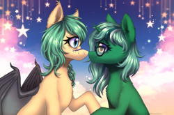 Size: 2600x1715 | Tagged: safe, artist:avrameow, derpibooru import, oc, oc only, bat pony, pony, unicorn, bat pony oc, commission, duo, horn, unicorn oc, ych result