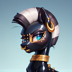 Size: 696x696 | Tagged: safe, ai content, derpibooru import, machine learning generated, zecora, zebra, g4, anonymous prompter, clothes, collar, ear piercing, gimp suit, gradient background, latex, latex suit, looking at you, nose piercing, permanent, piercing, piercing fetish, png