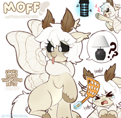 Size: 822x800 | Tagged: safe, artist:stablegrass, derpibooru import, oc, oc:teeb, fly, insect, moth, mothpony, original species, antennae, black sclera, chest fluff, coat markings, ear fluff, ears, ears back, female, heart, lamp, mare, pointing, raised hoof, raised leg, reference sheet, teary eyes, tongue, tongue out, unshorn fetlocks, white pupils, wings