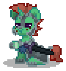 Size: 270x294 | Tagged: safe, derpibooru import, oc, oc only, oc:gloaming ray, pony, unicorn, g4, armor, brown hair, brown mane, brown tail, digital art, freckles, green coat, horn, male, pixel art, pony town, purple eyes, raised hoof, raised leg, royal guard, simple background, sitting, solo, stallion, sword, tail, transparent background, unicorn oc, weapon