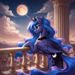 Size: 1248x1248 | Tagged: safe, ai content, derpibooru import, machine learning generated, princess luna, alicorn, pony, g4, anonymous prompter, cloud, ear fluff, ears, feathered wings, female, folded wings, mare, moon, mountain, railing, solo, wings