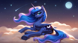 Size: 3200x1792 | Tagged: safe, ai content, derpibooru import, machine learning generated, princess luna, alicorn, pony, g4, anonymous prompter, butt, chest fluff, cloud, ear fluff, ears, female, head turn, lidded eyes, looking at you, looking back, looking back at you, lying down, lying on a cloud, mare, moon, moonbutt, on a cloud, on side, plot, rear view, shooting star, smiling, smiling at you, solo, stars, underhoof