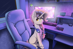 Size: 1280x854 | Tagged: oc name needed, safe, artist:natanvok, derpibooru import, oc, oc only, pony, unicorn, bookshelf, chair, clock, computer, computer chair, computer mouse, computer screen, digital clock, evening, female, golden eyes, headphones, headset, horn, keyboard, long horn, looking at you, mare, microphone, mousepad, office chair, side view, solo, sticky note, unshorn fetlocks