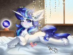 Size: 1280x960 | Tagged: safe, artist:natanvok, derpibooru import, oc, oc only, pony, unicorn, chest fluff, ear fluff, ears, floral head wreath, flower, horn, one eye closed, solo, string lights