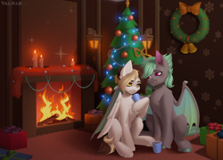 Size: 2800x2000 | Tagged: safe, artist:villjulie, derpibooru import, oc, oc only, oc:nyash, oc:techie ellux, bat pony, pegasus, pony, bat pony oc, candle, christmas, christmas tree, christmas wreath, fire, fireplace, high res, holiday, hug, male, pegasus oc, present, tree, winghug, wings, wreath