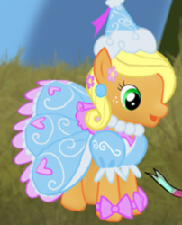 Size: 318x393 | Tagged: safe, derpibooru import, edit, edited screencap, screencap, applejack, earth pony, pony, g4, applejack also dresses in style, beautiful, bow, clothes, cute, dress, dressup, ear piercing, flower, flower in hair, froufrou glittery lacy outfit, gameloft, hat, hennin, jackabetes, jewelry, necklace, piercing, princess, princess applejack