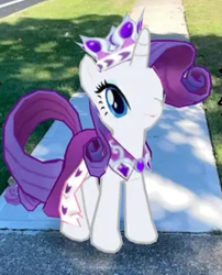 Size: 1781x2208 | Tagged: safe, derpibooru import, princess platinum, rarity, pony, unicorn, g4, hearth's warming eve (episode), clothes, crown, dress, female, gameloft, horn, irl, jewelry, mare, photo, regalia, wardrobe misuse