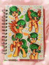 Size: 2244x2944 | Tagged: safe, artist:dariarchangel, derpibooru import, part of a set, oc, oc only, pegasus, pony, g4, adorable face, balloon, coat markings, commission, curly hair, curly mane, curly tail, cute, cute face, cute smile, doodle page, ears, female, female oc, floppy ears, flower, flying, folded wings, food, green eyes, green hair, green mane, green tail, happy, jewelry, looking up, mare, necklace, ocbetes, open mouth, open smile, orange, orange coat, pegasus oc, photo, pony oc, raised hoof, raised leg, short hair, short mane, sketch, sketch dump, sketchbook, smiling, solo, spread arms, standing on three hooves, surprised, surprised face, tail, traditional art, wings