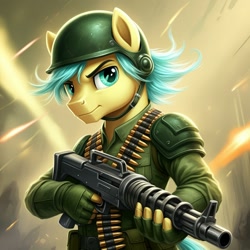 Size: 1024x1024 | Tagged: safe, ai content, derpibooru import, machine learning generated, sandbar, anthro, earth pony, series:g.i. pony: a real equestrian hero, g4, ammunition belt, clothes, cosplay, costume, fingerless gloves, g.i. joe, generator:google imagen 3.0, gloves, gradient background, gun, helmet, machine gun, male, military uniform, prompter:zerowinger, rock 'n roll, solo, uniform, weapon