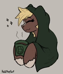 Size: 964x1134 | Tagged: safe, artist:reddthebat, derpibooru import, sergeant reckless, earth pony, pony, blanket, bundled up, bust, coffee, cute, drink, eyes closed, female, gray background, hoof hold, mare, mug, ponified, signature, simple background, smiling, solo, species swap, unshorn fetlocks