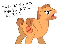 Size: 964x701 | Tagged: safe, artist:zeffdakilla, derpibooru import, earth pony, pony, butt, male, plot, pointing, ponified, show accurate, simple background, soldier (tf2), solo, species swap, talking, team fortress 2, text, vector, vulgar, white background