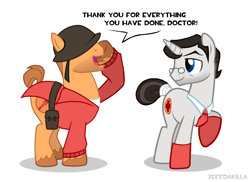 Size: 2000x1455 | Tagged: safe, artist:zeffdakilla, derpibooru import, earth pony, pony, unicorn, horn, looking at someone, male, medic (tf2), ponified, raised hoof, raised leg, salute, show accurate, simple background, smiling, soldier (tf2), species swap, speech bubble, talking, team fortress 2, vector, white background