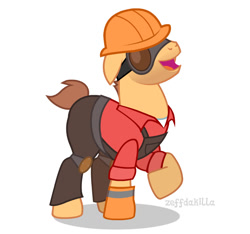 Size: 724x678 | Tagged: safe, artist:zeffdakilla, derpibooru import, earth pony, pony, clothes, engineer (tf2), gloves, goggles, helmet, male, overalls, pants, ponified, raised hoof, raised leg, shirt, show accurate, simple background, smiling, solo, species swap, team fortress 2, vector, white background