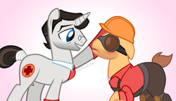 Size: 2545x1454 | Tagged: safe, artist:zeffdakilla, derpibooru import, earth pony, pony, unicorn, engineer (tf2), gay, gradient background, horn, looking at each other, looking at someone, male, medic (tf2), non-mlp shipping, ponified, raised hoof, raised leg, shipping, show accurate, smiling, species swap, team fortress 2, vector