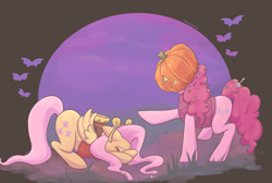 Size: 2048x1379 | Tagged: safe, artist:starryducks, derpibooru import, fluttershy, pinkie pie, earth pony, pegasus, pony, g4, candy, candy in hair, clothes, costume, covering eyes, cowering, duo, duo female, female, food, halloween, halloween costume, holiday, honey, jack-o-lantern, mare, piglet, pot, pumpkin, winnie the pooh