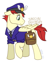 Size: 792x968 | Tagged: safe, artist:raven--splash, derpibooru import, care package, special delivery, pegasus, pony, g4, bag, hat, mailpony, mailpony uniform, male, simple background, solo, stallion, transparent background