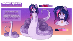 Size: 2900x1630 | Tagged: safe, artist:madelinne, derpibooru import, oc, oc only, oc:nostra sparkly, lamia, original species, snake, unicorn, belly, belly button, female, horn, mare, reference sheet, solo, twilight snakle