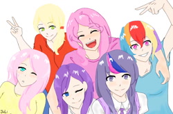 Size: 900x589 | Tagged: safe, artist:lumie27, derpibooru import, applejack, fluttershy, pinkie pie, rainbow dash, rarity, twilight sparkle, human, humanized, mane six