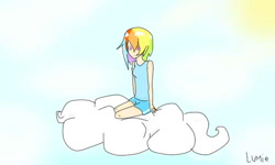 Size: 500x300 | Tagged: safe, artist:lumie27, derpibooru import, rainbow dash, human, cloud, humanized, on a cloud, solo