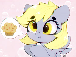 Size: 4000x3000 | Tagged: safe, artist:zokkili, derpibooru import, derpy hooves, pegasus, pony, g4, beanbrows, bubble, cute, derp, derpabetes, eye clipping through hair, eyebrows, eyebrows visible through hair, female, food, high res, mare, muffin, pictogram, signature, solo, sparkles, sparkly eyes, speech bubble, spread wings, wingding eyes, wings