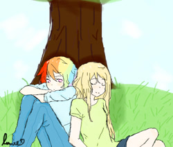 Size: 500x424 | Tagged: safe, artist:lumie27, derpibooru import, applejack, rainbow dash, human, appledash, duo, duo female, female, humanized, lesbian, shipping, tree