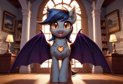 Size: 3072x2112 | Tagged: safe, ai content, derpibooru import, generator:stable diffusion, machine learning generated, oc, oc only, oc:echo, bat pony, pony, chest fluff, ear fluff, ears, high res, indoors, jewelry, lamp, necklace, picture, prompter:kluknawa235, window, wings, wooden floor